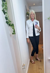 New White Denim Jacket and Black Vest Top
