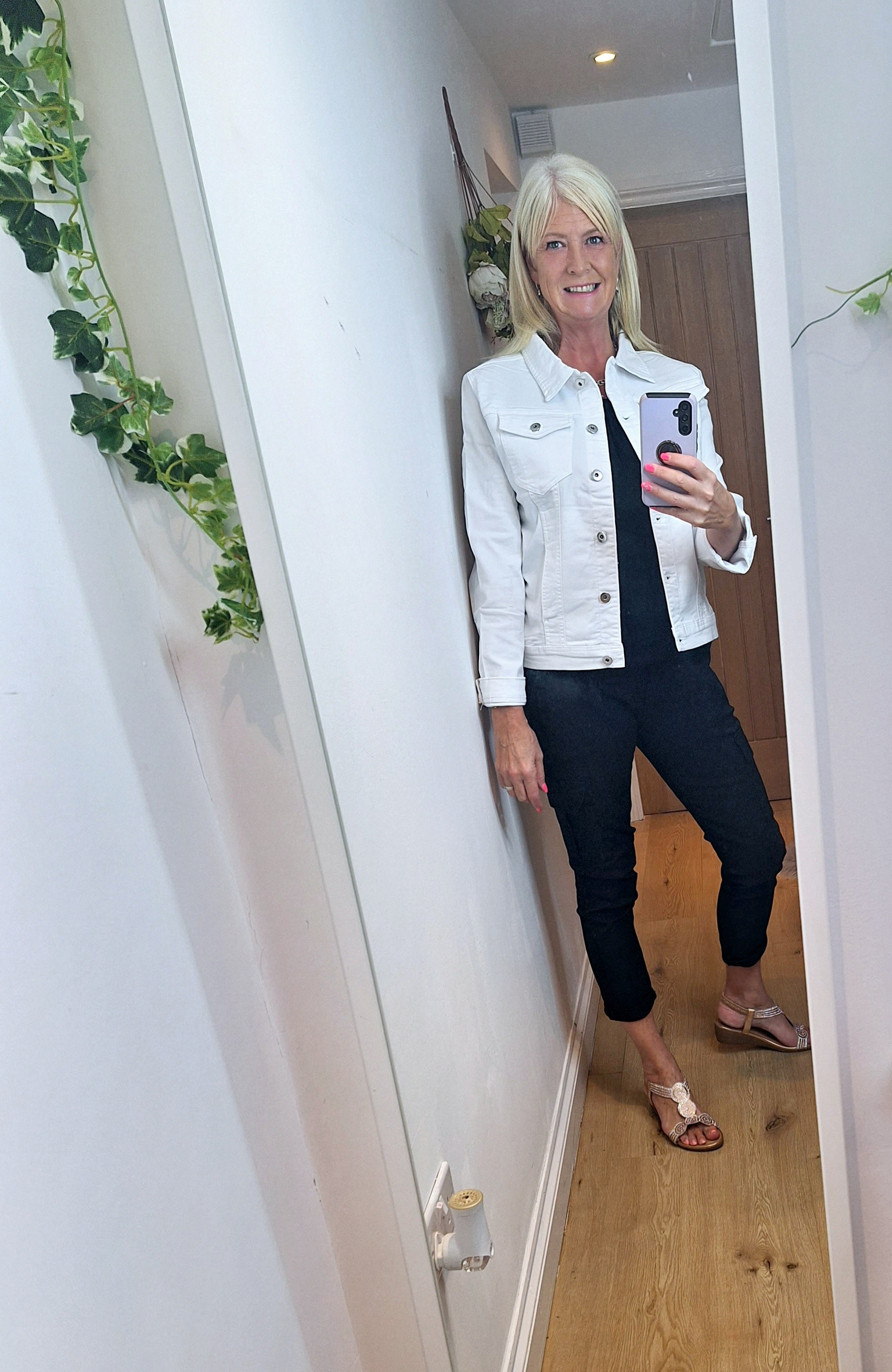 New White Denim Jacket and Black Vest Top