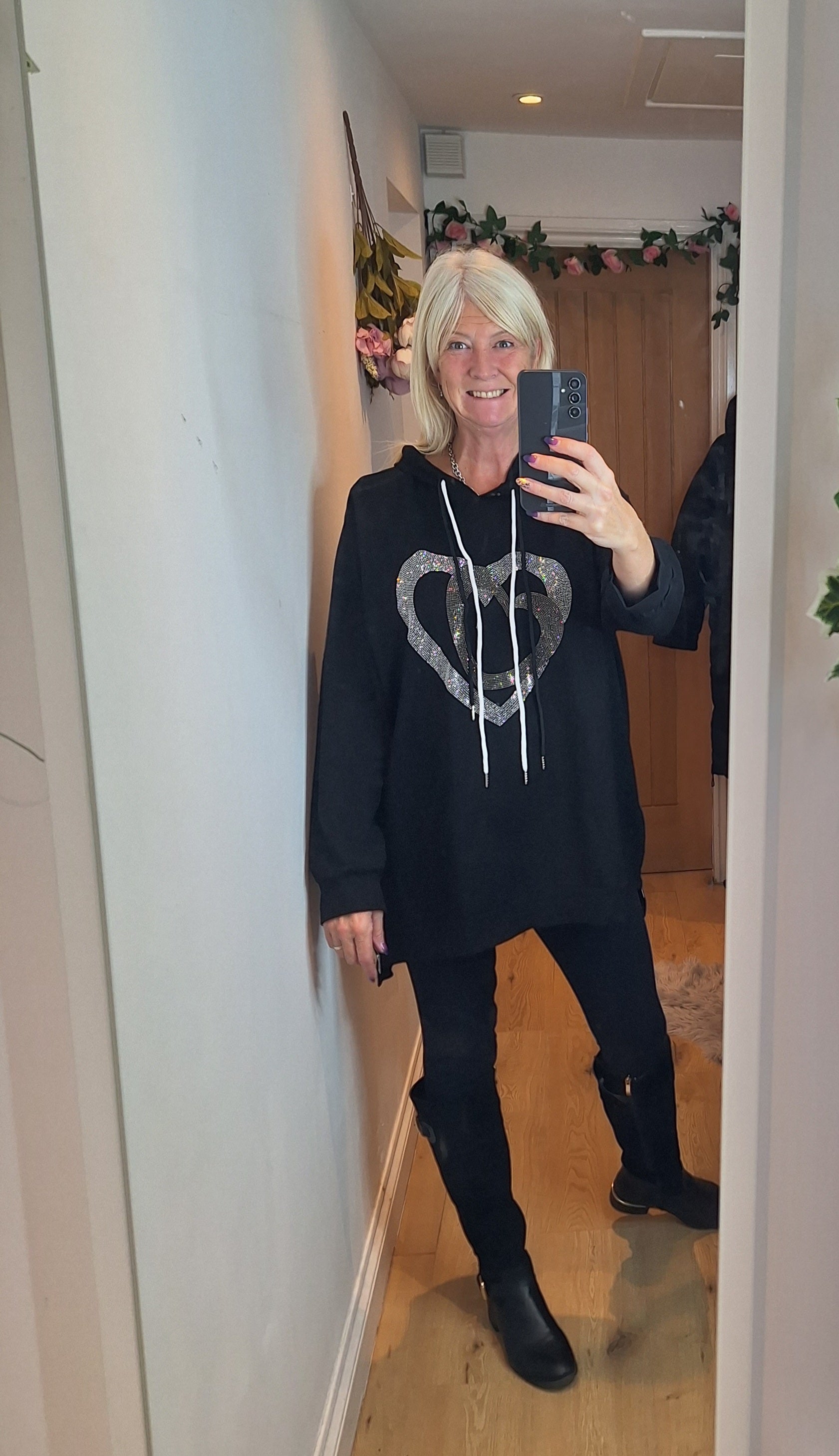 New Oversize Black Crystal Heart Hoodie with zip sides