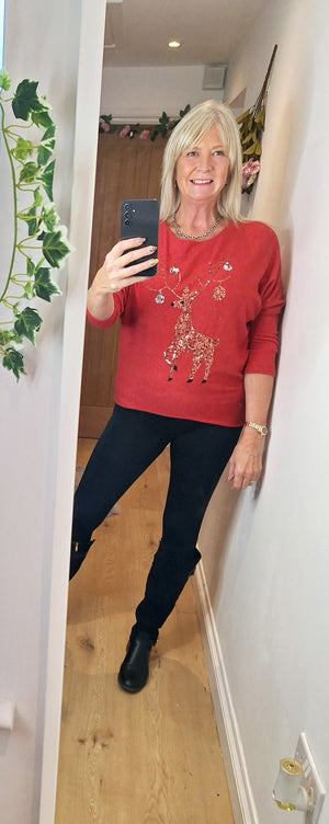 New Red Sequin Reindeer Soft Knit