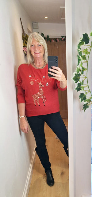 New Red Sequin Reindeer Soft Knit