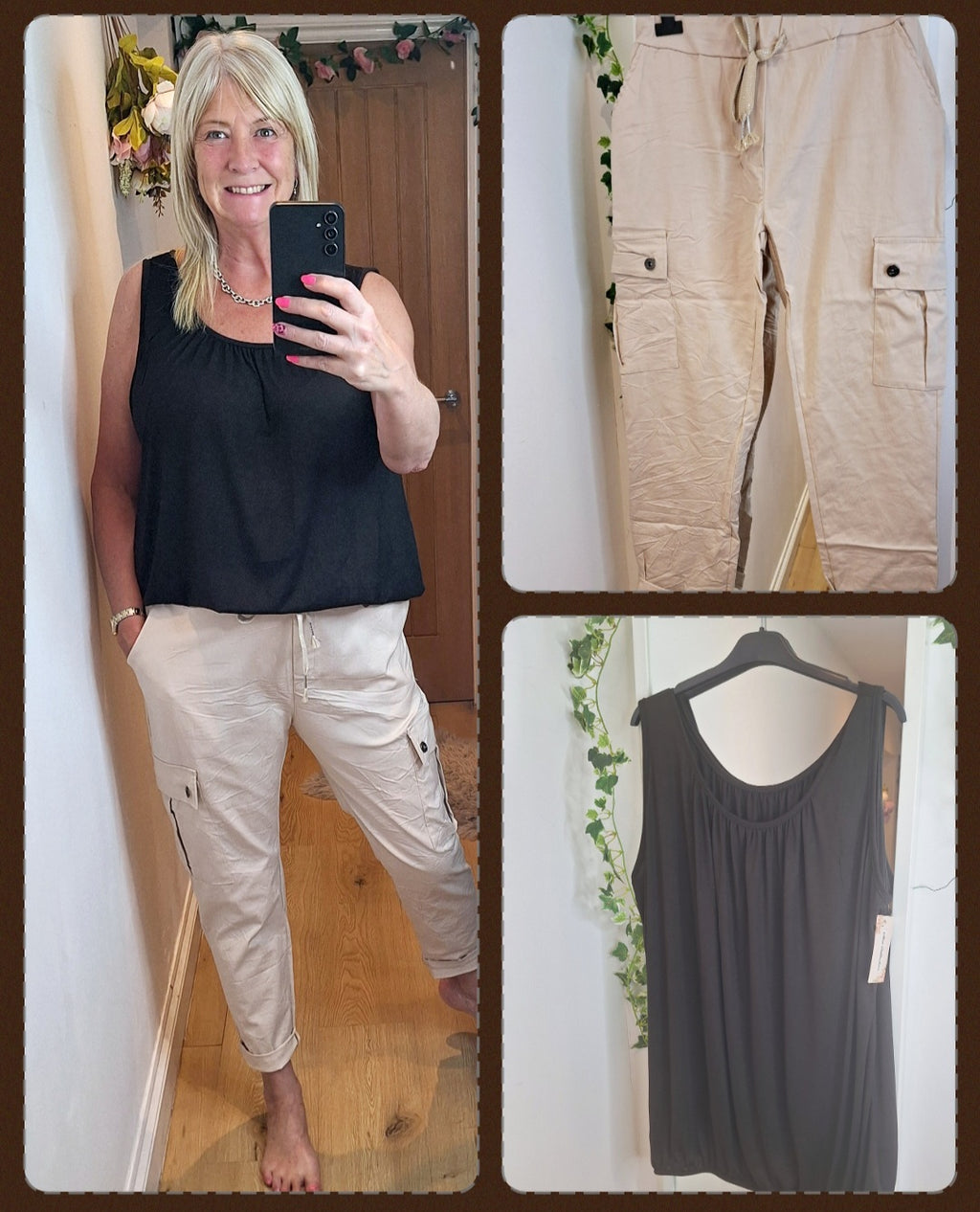 Larger Set Oatmeal Magic Cargo Trousers and Dark Brown Vest Top Suits to 18-20