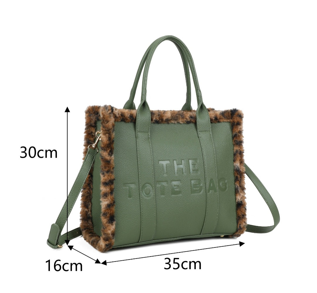 New Larger Leopard Fur Trim Tote Bag Black or Brown