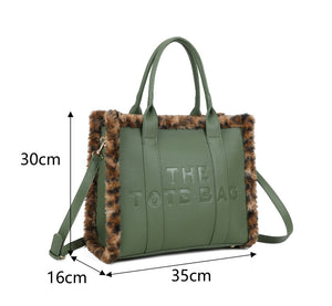New Larger Leopard Fur Trim Tote Bag Black or Brown