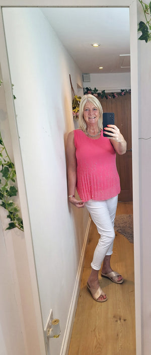 New Candy Pink Sequin Pleat Top