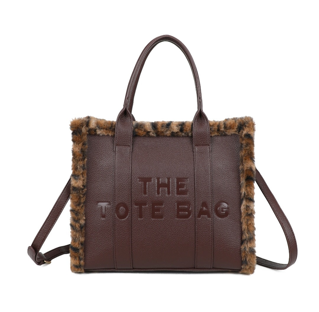New Larger Leopard Fur Trim Tote Bag Black or Brown