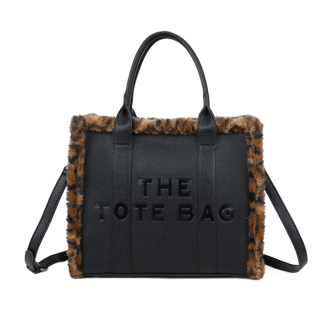 New Larger Leopard Fur Trim Tote Bag Black or Brown