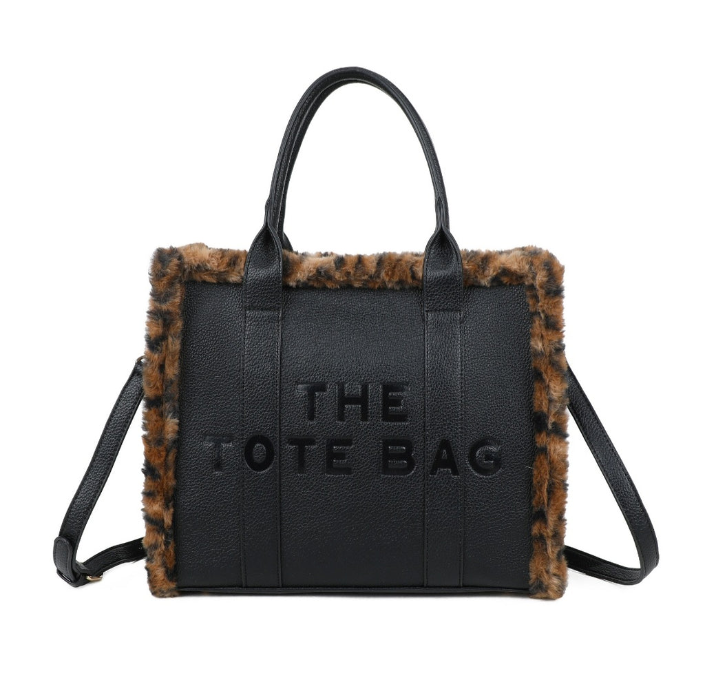 New Larger Leopard Fur Trim Tote Bag Black or Brown