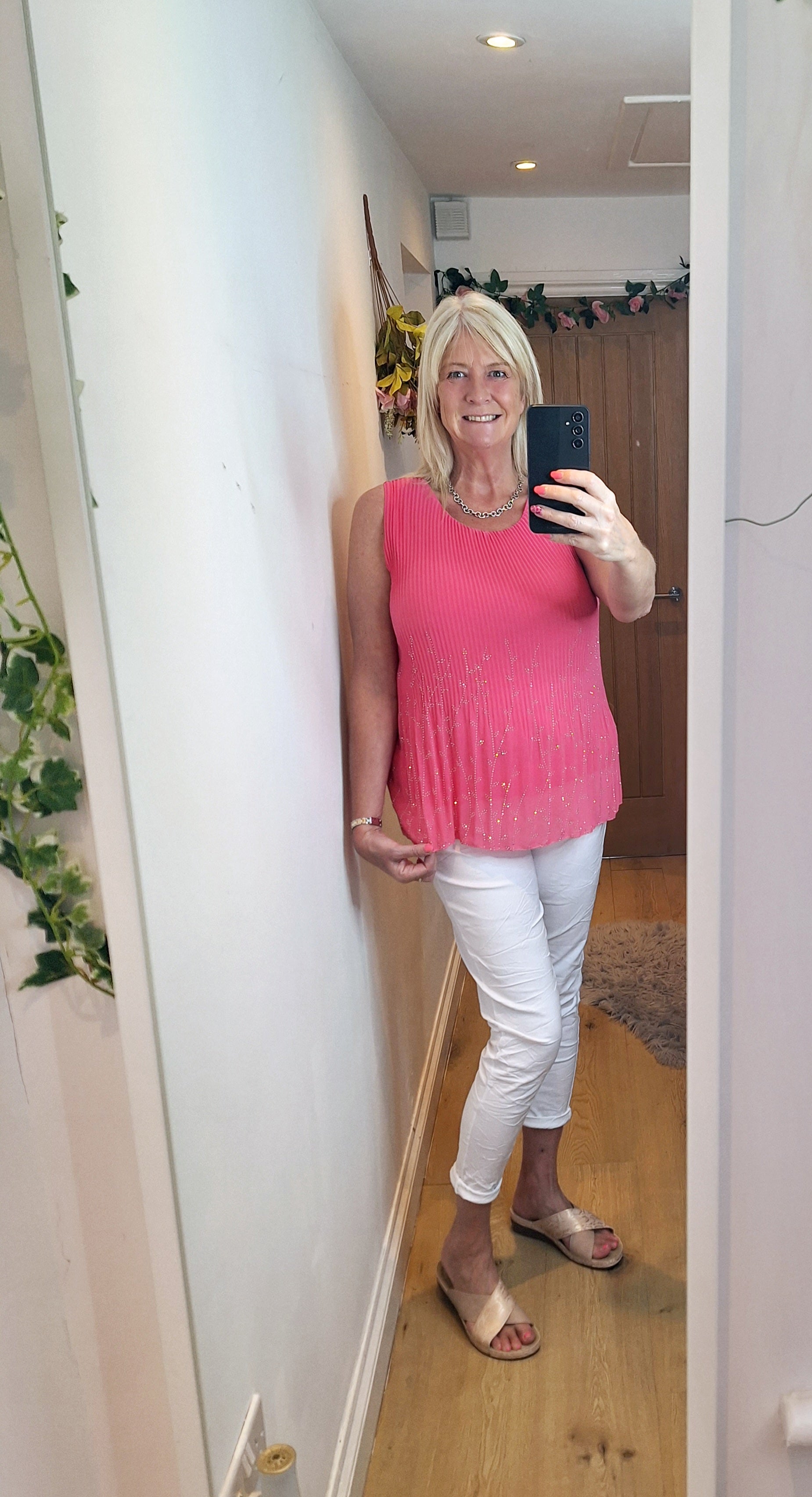 New Candy Pink Sequin Pleat Top