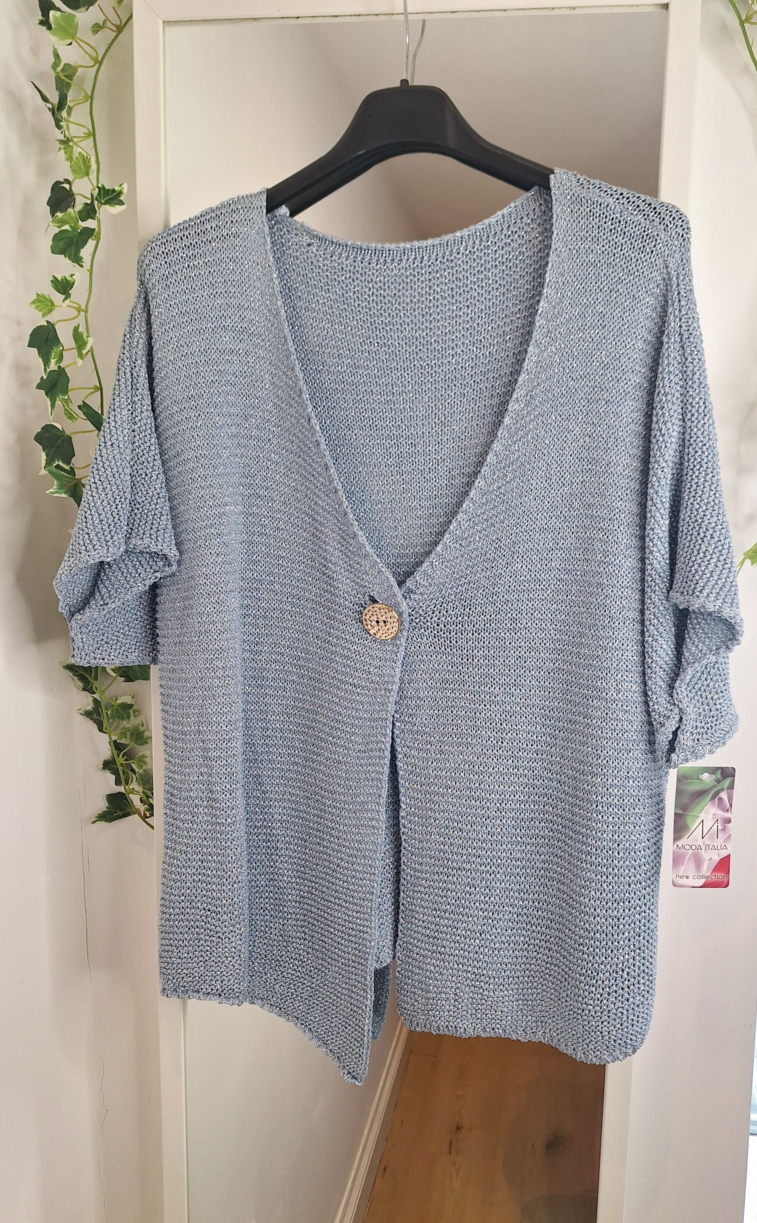 New Silver or Blue Metallic Fleck Lux Gold Button Cardigan