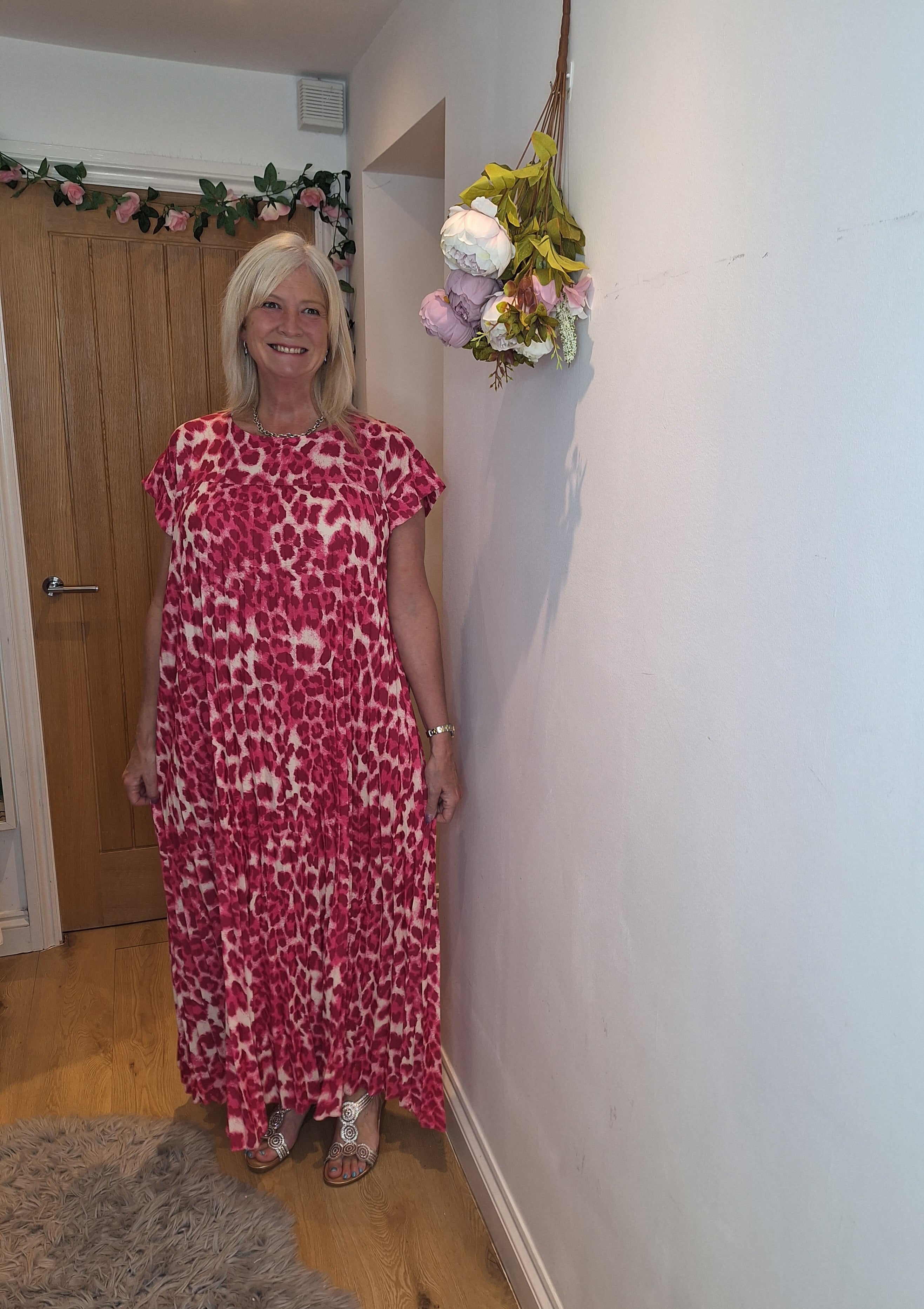 Stunning Pink Leopard Pleat Pocket Dress